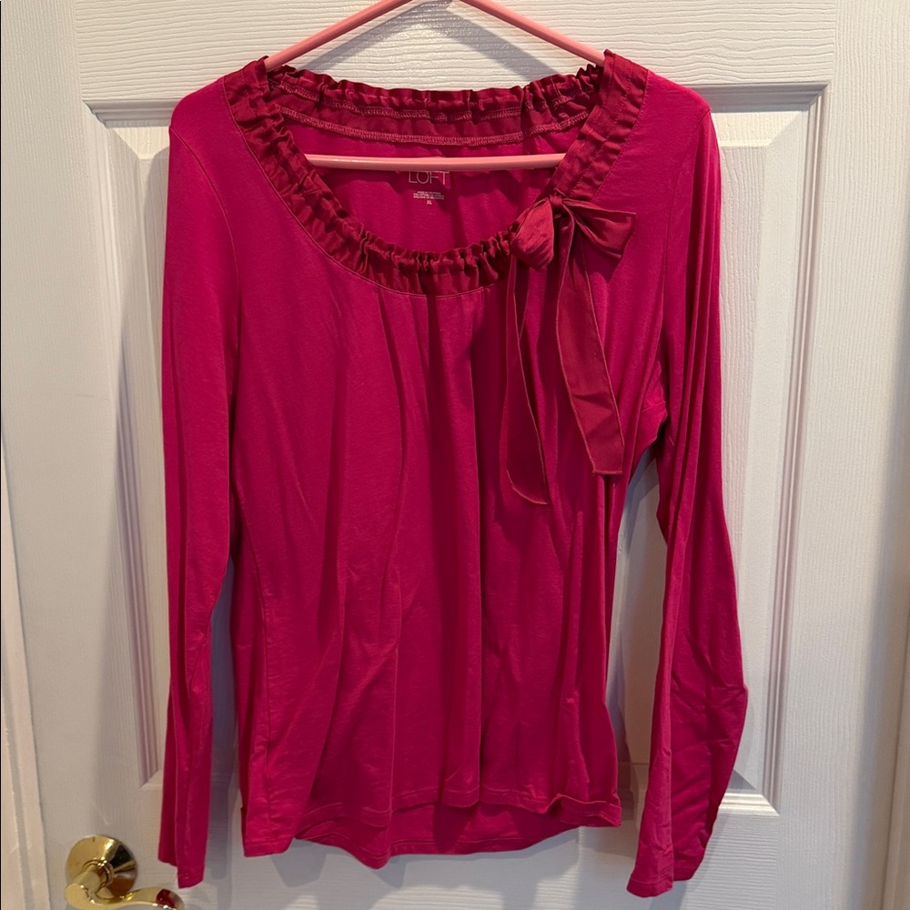 LOFT Magenta Long Sleeve Blouse with Ruffle Trim